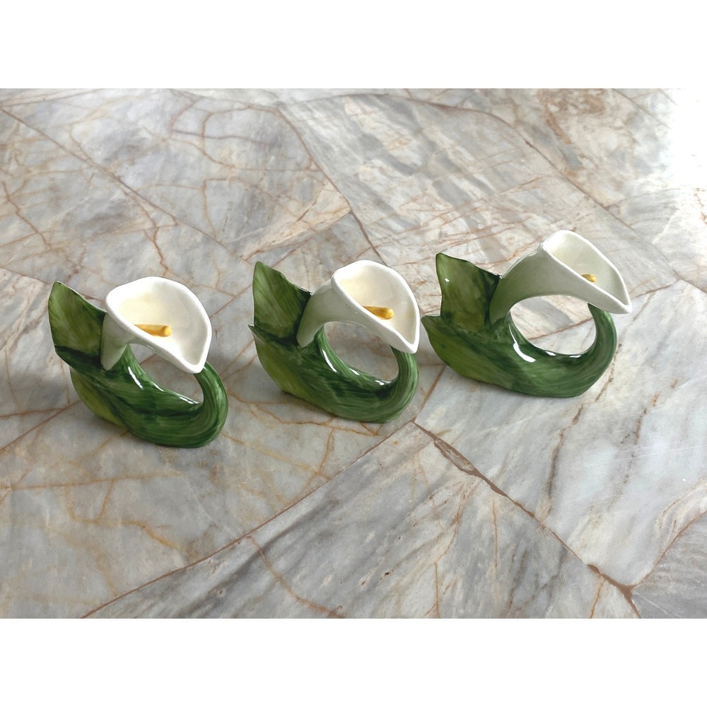 Fitz and Floyd 1985 Calla Lily Ceramic Napkin Rings Set of 3 Vintage Green White